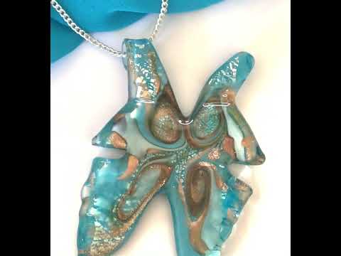Large real Murano glass necklace blue butterfly shape pendant sterling silver