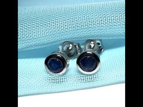 Pair of real blue sapphire earrings round white gold stud smooth rubbed over setting