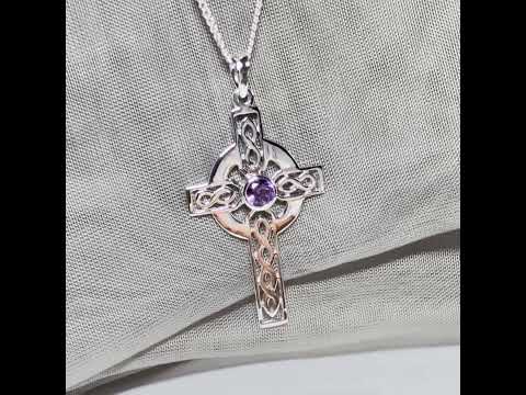 Large Sterling Silver Real Amethyst Celtic Cross Including Chain