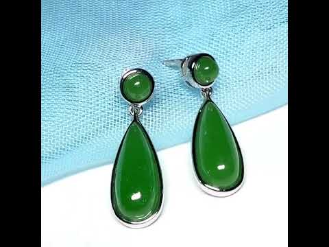 Real jade earrings drop double round and teardrop white gold drop design