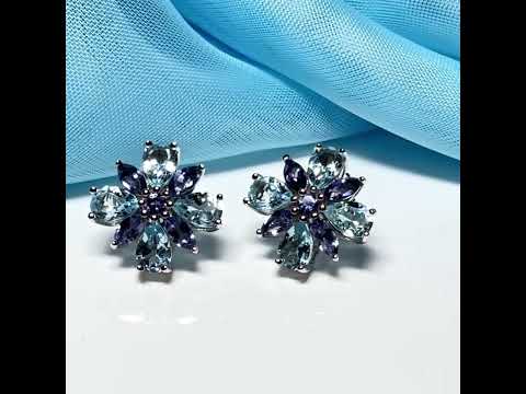 Video of a par of real amethyst and real blue topaz fancy spray stud earrings