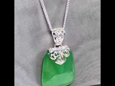 Real jade necklace green sterling silver large cushion shaped, with a beautiful designed pendant with chain