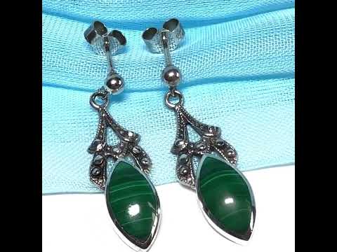 Real green agate marquise shaped drop earrings sterling silver