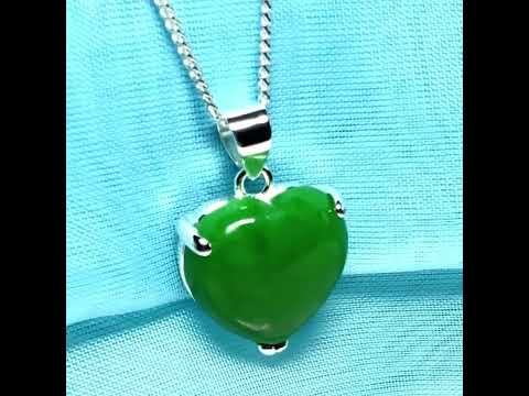 Gorgeous real green jade necklace heart shaped sterling silver, exquisite designed pendant with chain