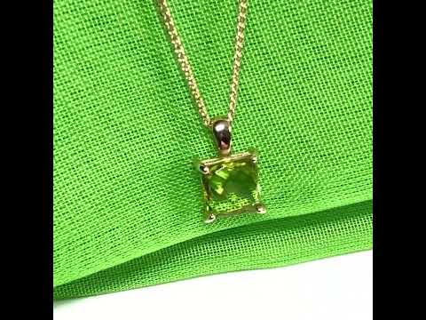 Real green peridot necklace square shaped yellow gold pendant with chain