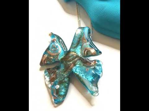 Large real Murano glass necklace blue butterfly shaped pendant sterling silver