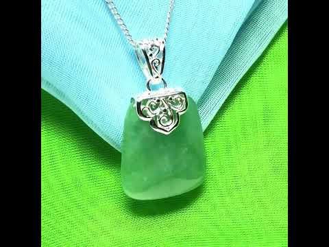 Real jade necklace light green sterling silver large cushion shaped, a beautiful pendant
