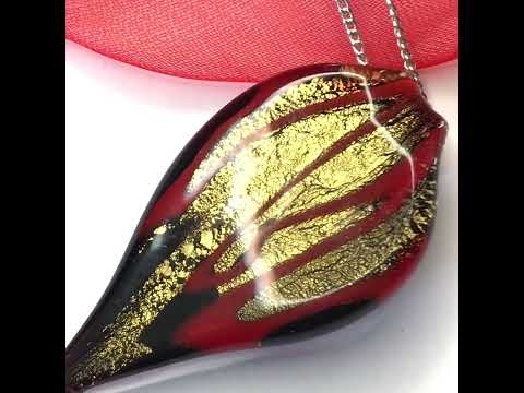 Video of a Small Red And Gold Coloured Real Murano Glass Leaf Shape Pendant