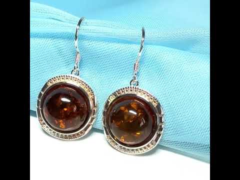 Drop earrings orange real amber round shaped sterling silver