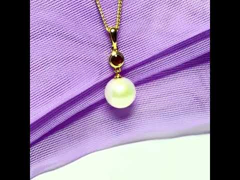 Real freshwater cultured pearl necklace and real ruby round drop pendant sterling silver with yellow gold plated