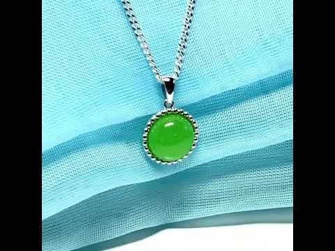 Round green jade patterned bobbled necklace sterling silver pendant