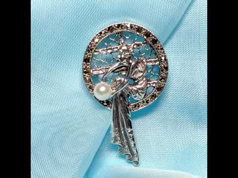 Real cultured freshwater pearl and real marcasite sterling silver brooch lady sitting playing with a ball
