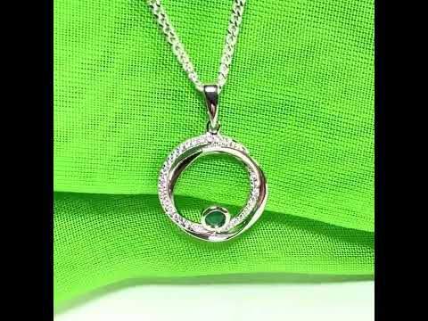 Real green emerald and cubic zirconia round necklace swirl pendant