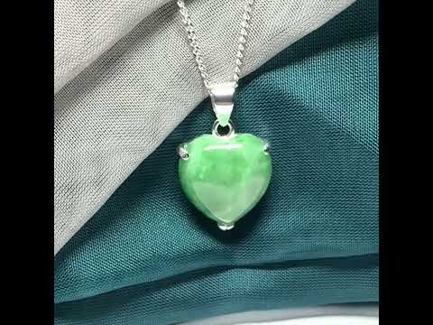 A real green jade pendant necklace heart shape sterling silver and chain
