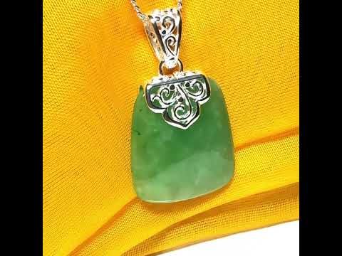 Real jade necklace green sterling silver large cushion shaped, with a truly timeless pendant