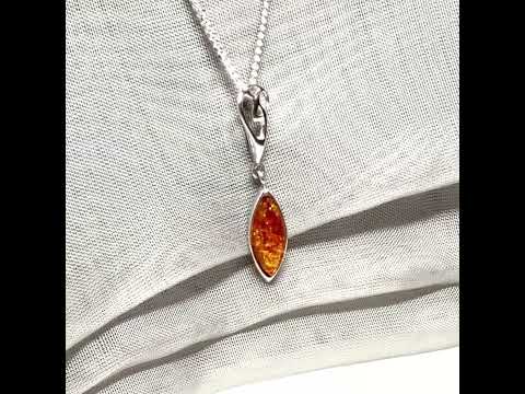 Sterling silver real amber marquise shaped necklace swirled open swirl pendant