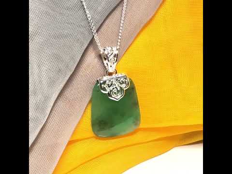 Real jade neck pendant green sterling silver large cushion shaped, a truly stunning necklace