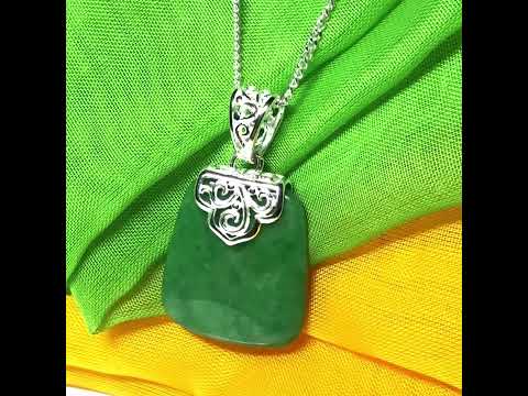 Real jade necklace light green sterling silver large cushion shaped pendant