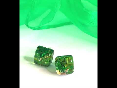 Green Real Murano Glass Stud Earrings Square