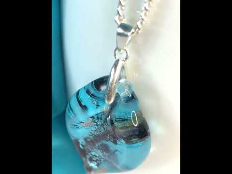 Necklace real Murano glass blue coloured oval leaf shaped pendant with chain