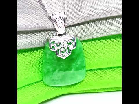 Stunning real jade necklace green sterling silver large cushion shaped, a gorgeous designed pendant