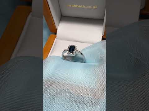 White gold real blue sapphire and diamond square shaped cluster ring