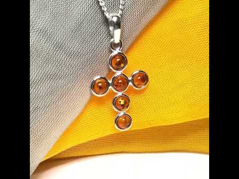 Real amber cross necklace sterling silver pendant