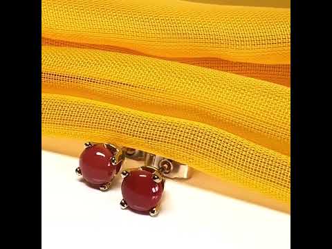 Real coral yellow gold round clawed set stud earrings