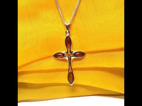 Real amber cross necklace sterling silver pendant
