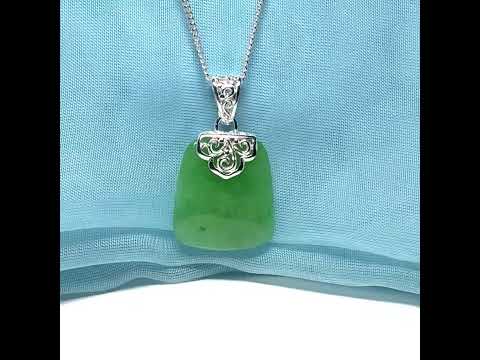 Real green jade necklace sterling silver large cushion shaped including a curb linked type chain