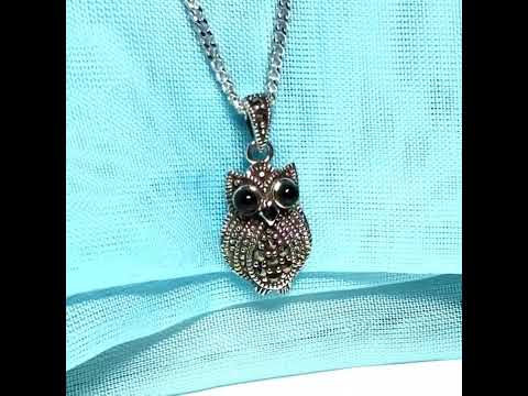 Video of a Small owl shaped necklace with real black agate and real marcasite sparking pendant with chain