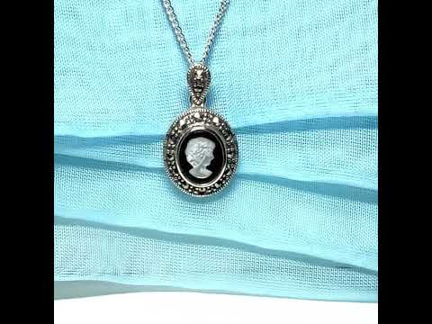 Oval Cameo necklace sterling silver black onyx and white Mother of Pearl