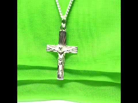 Crucifix with bark effect diamond cut solid sterling silver cross necklace with chain