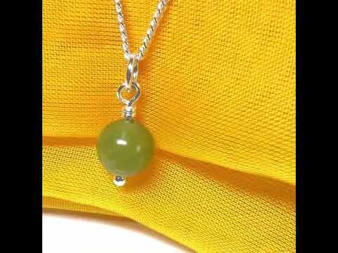 Small round real green gypsum necklace ball shape pendant with chain measuring 8.5 mm diameter