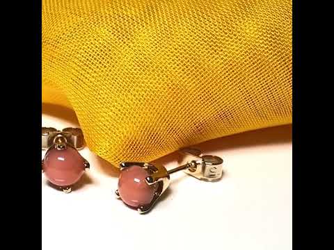 Real coral yellow gold round simple four claw set stud earrings