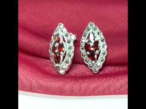 Real garnet and marcasite stud earrings dropped sterling silver red brown marquise shaped