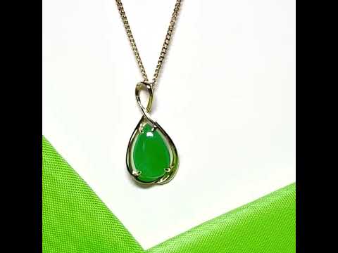 Video of a real jade necklace green pear teardrop shaped pendant yellow gold
