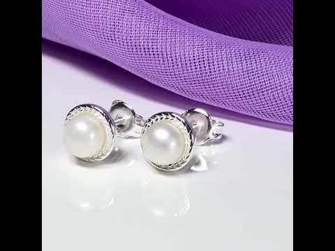 Real freshwater pearl stud earrings round sterling silver patterned rope setting