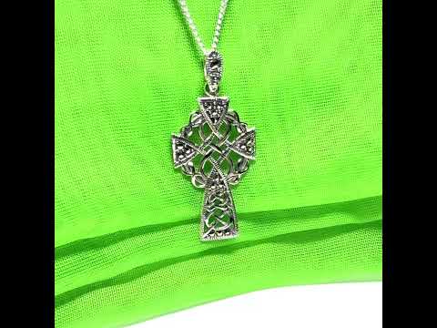 Fancy Patterned Large Sterling Silver Celtic Marcasite Set Cross Including Chain
