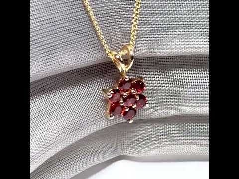 Yellow gold round shape real garnet cluster necklace daisy pendant