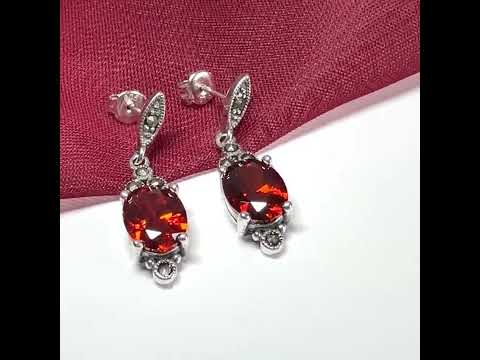Marcasite sterling silver long drop earrings with garnet coloured stones