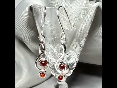 Treble clef real amber earrings drop sterling silver