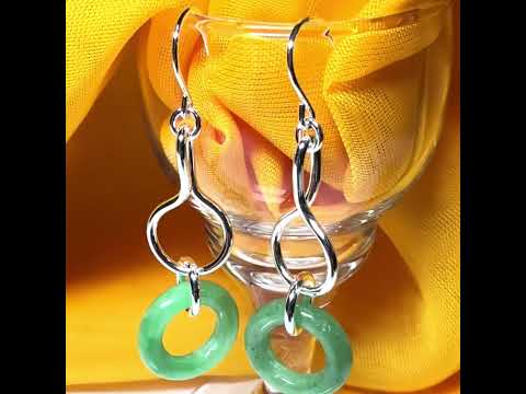Pair of round real green jade sterling silver dangling dropped earrings, simply gorgeous