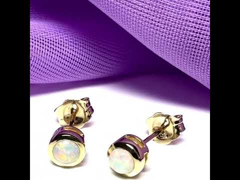 Pair of real opal earrings round yellow gold stud smooth rubbed over setting