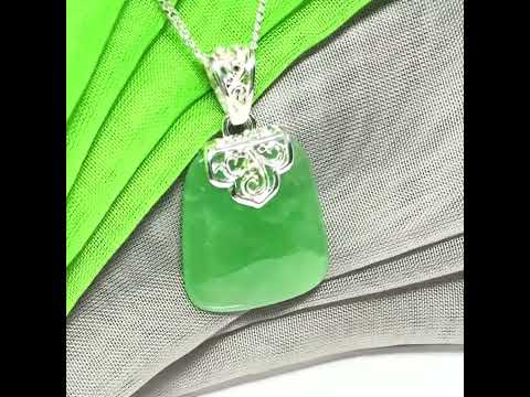 Real jade necklace green sterling silver large cushion shaped, a truly gorgeous design with chain