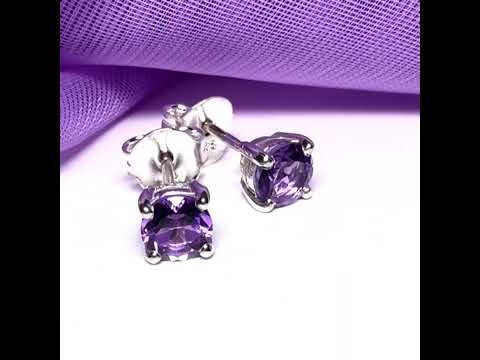 Video of a purple real amethyst sterling silver round cut pair of stud earrings