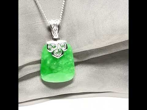 Real jade pendant green sterling silver large cushion shape, a gorgeous necklace