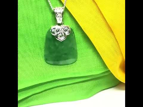 A real jade pendant green sterling silver large cushion shaped, a truly stunning necklace with a chain