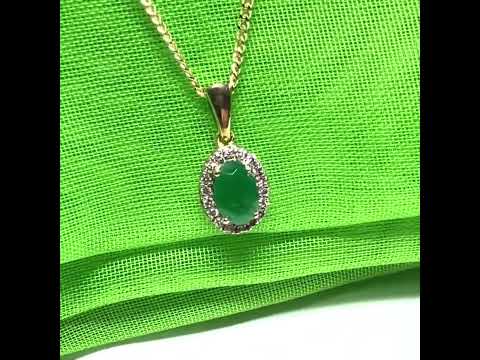 Real green emerald and real diamond oval shaped cluster necklace yellow gold pendant with chain