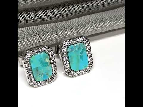 Video of Turquoise and cubic zirconia blue green square stud earrings sterling silver